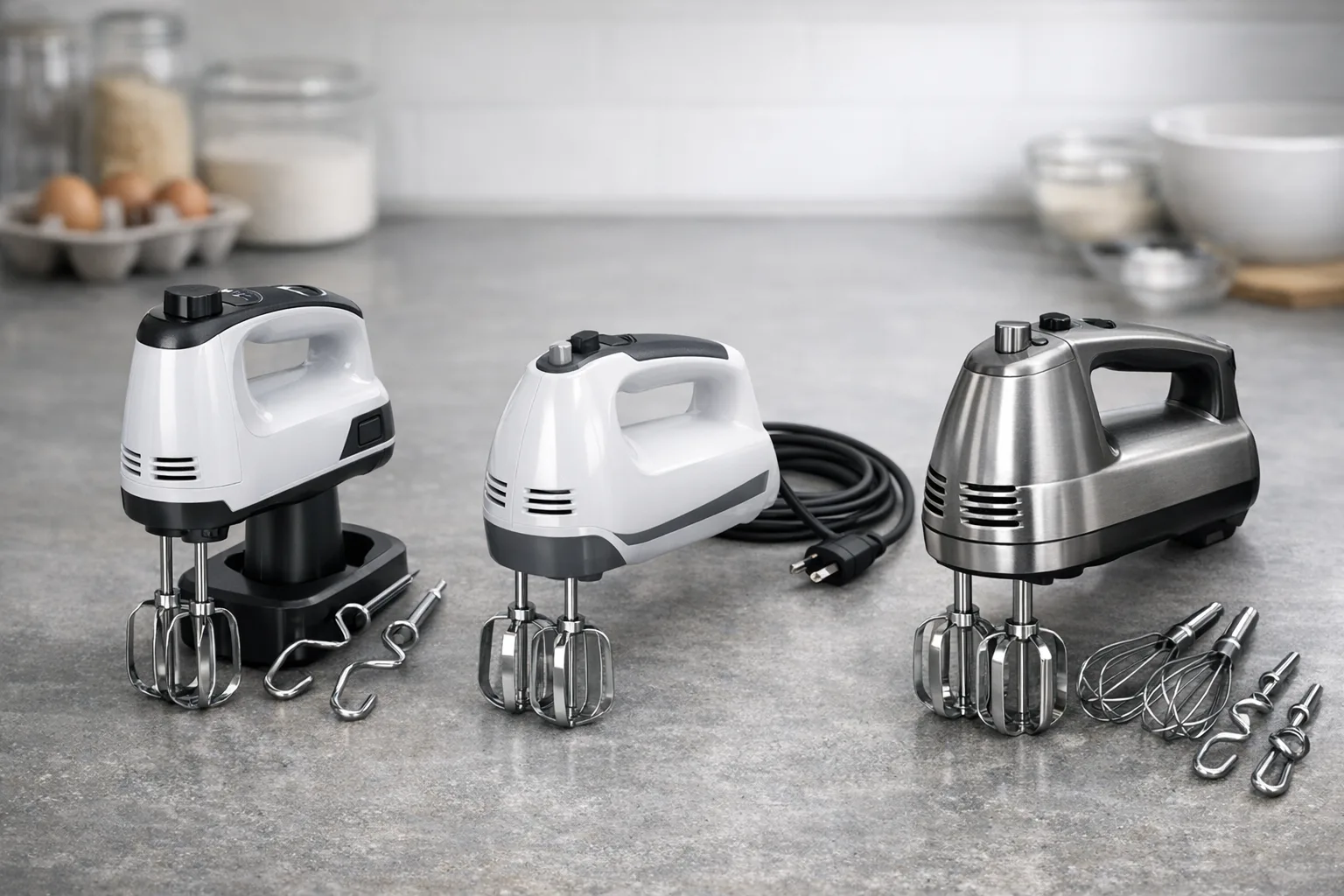 Unterschiedliche Handmixer-Typen: Akku, kabelgebunden und Profi-Geraete